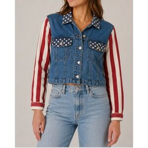 Vtg Quizz Jeans Vintage Americana Denim Jacket Stars Stripes Flag Crop Women M